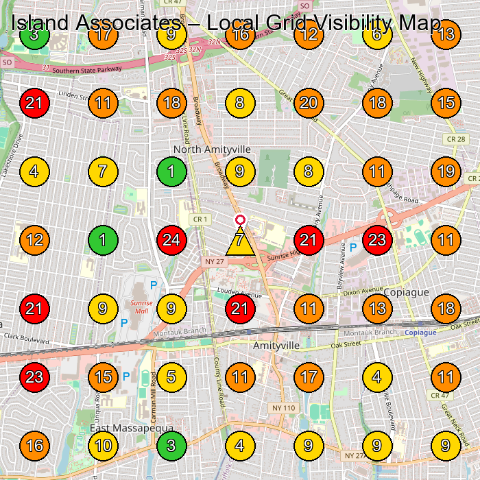 Island Associates Landscape Designer GeoGrid ranking map for Massapequa NY
